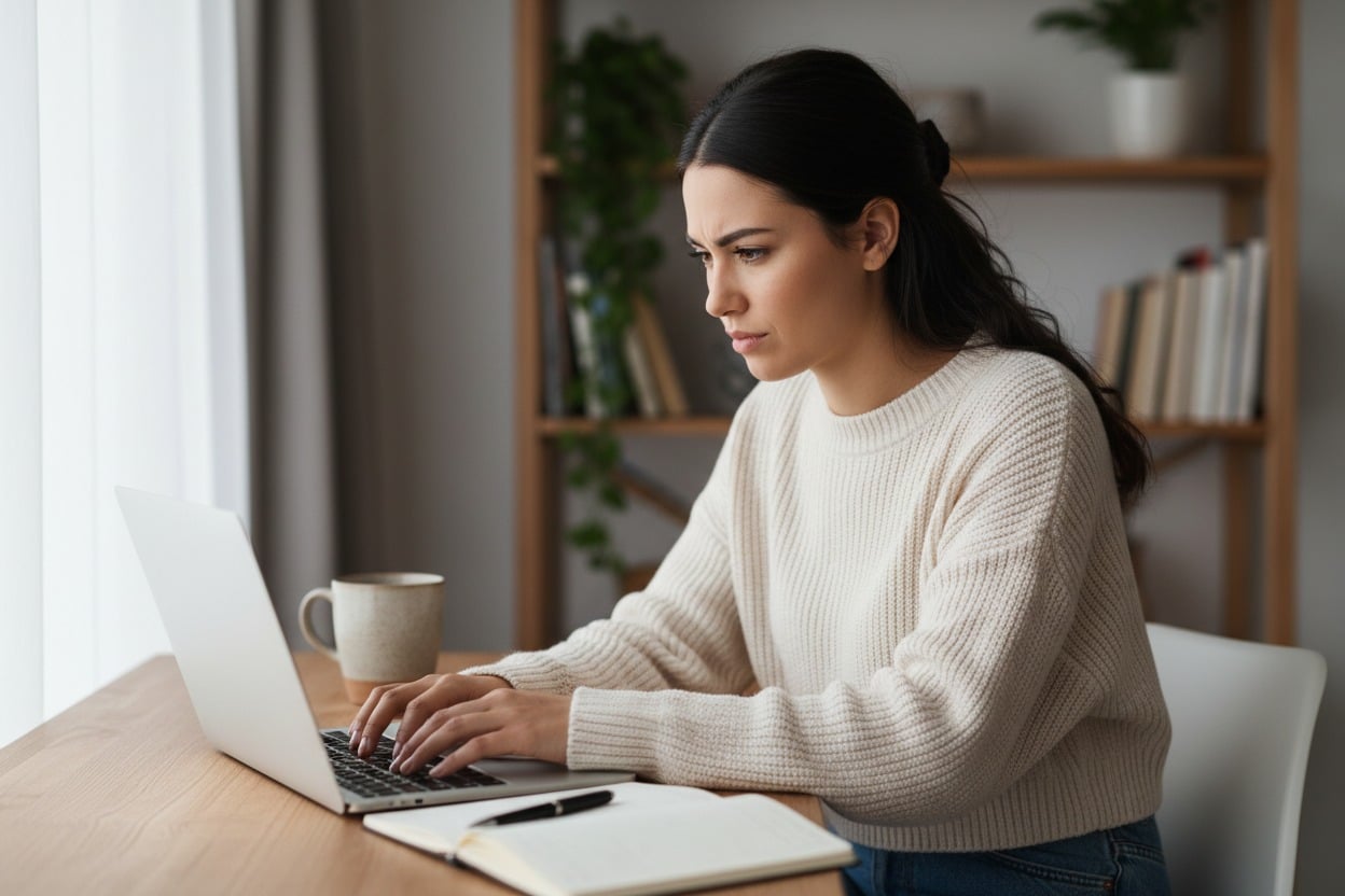 Una donna seria e concentrata scrive al computer portatile seduta a una scrivania in ufficio.